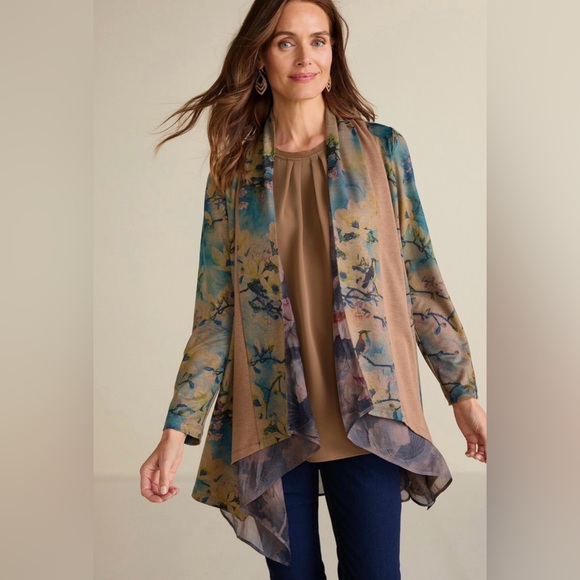 Soft Surroundings Tea Gardens Topper Cardigan Floral Bird Drape Jacket - 2XL - Picture 2 of 7